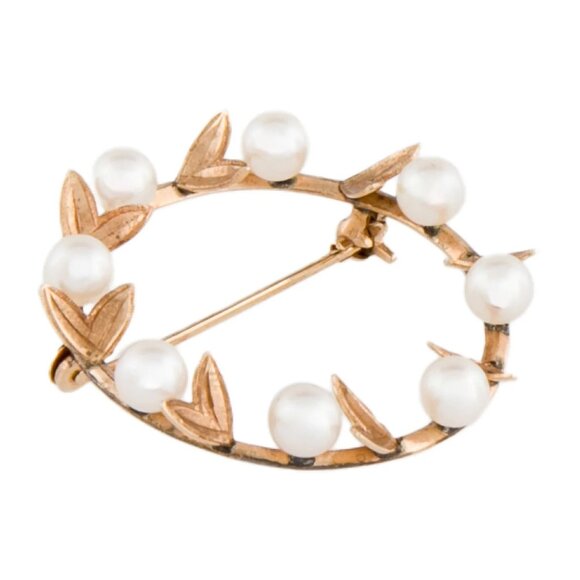 27 MM Gold Brooch Mistletoe 4 gr 14K Solid Gold Ring Real Pearl cca 1955 ANTIQUE - Picture 10 of 12